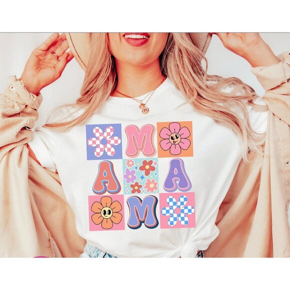 Floral Mama Tee with Smiley Face, Mama Tee with Tic-Tac-Toe Fun - Picture 1 of 4